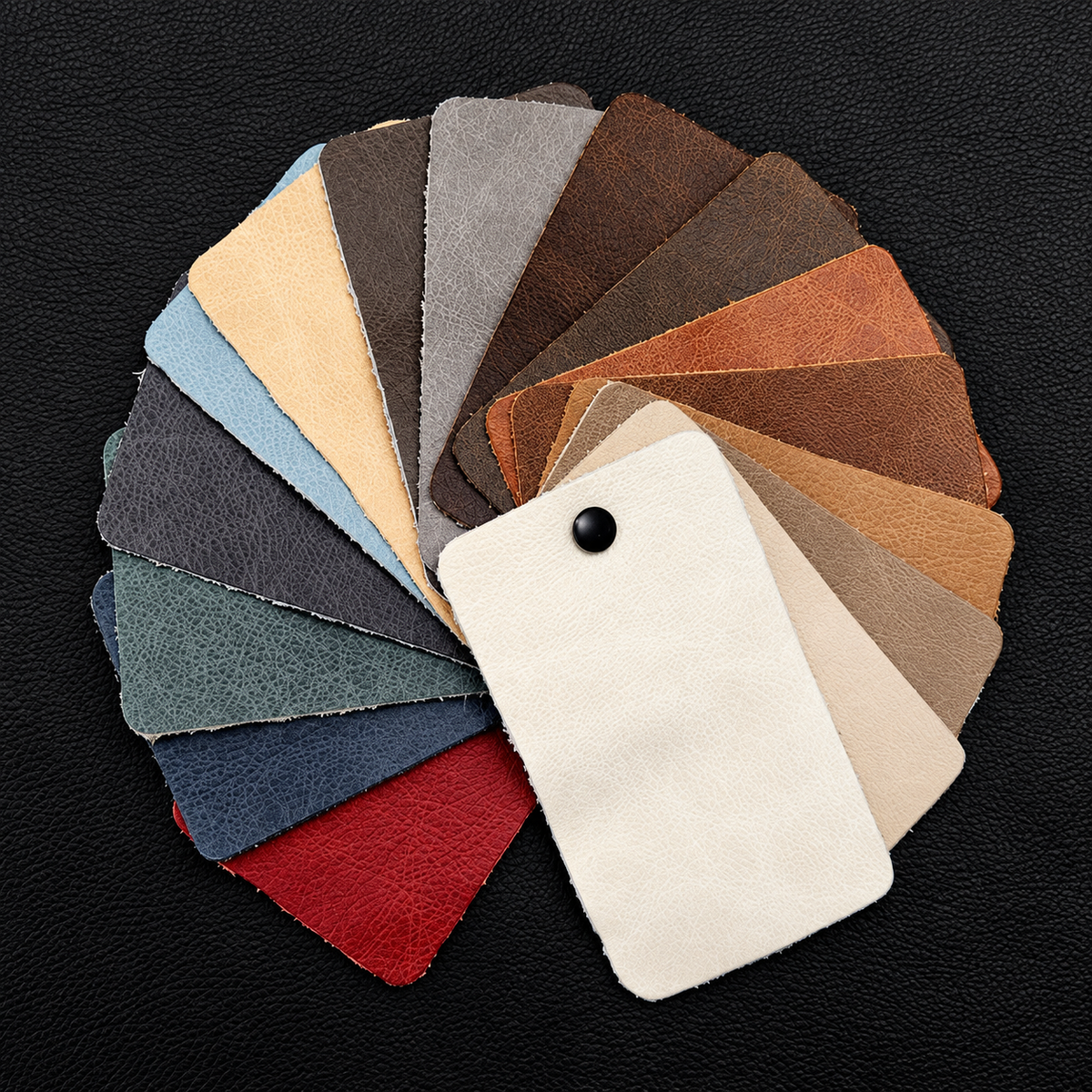 Fan of all twenty Morgan’s leather swatches, riveted on a ring