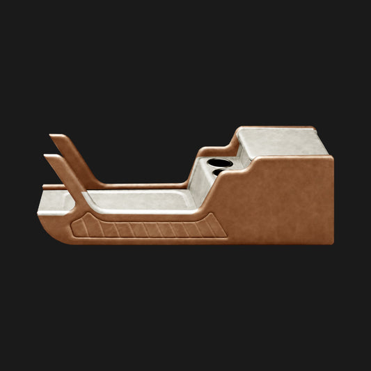 Leather-wrapped center console for a Ford F-Series in Kodiak with a Luna insert