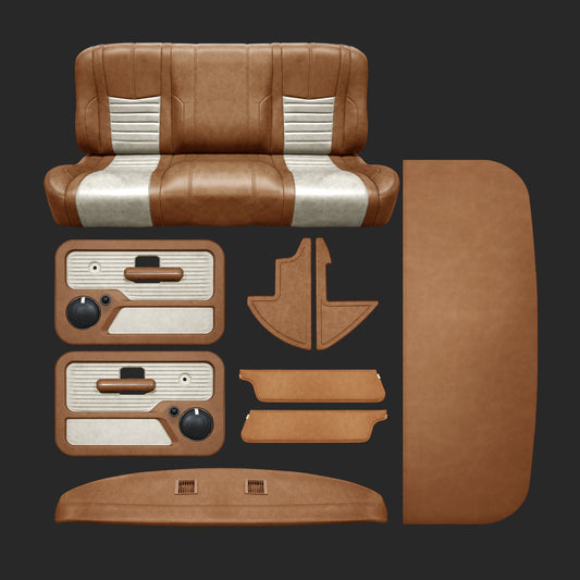 Complete leather interior kit for a 1967-1972 Ford F-Series regular cab: bench seat, door panels, kick panels, dash pad, headliner and visors in Kodiak with Luna inserts